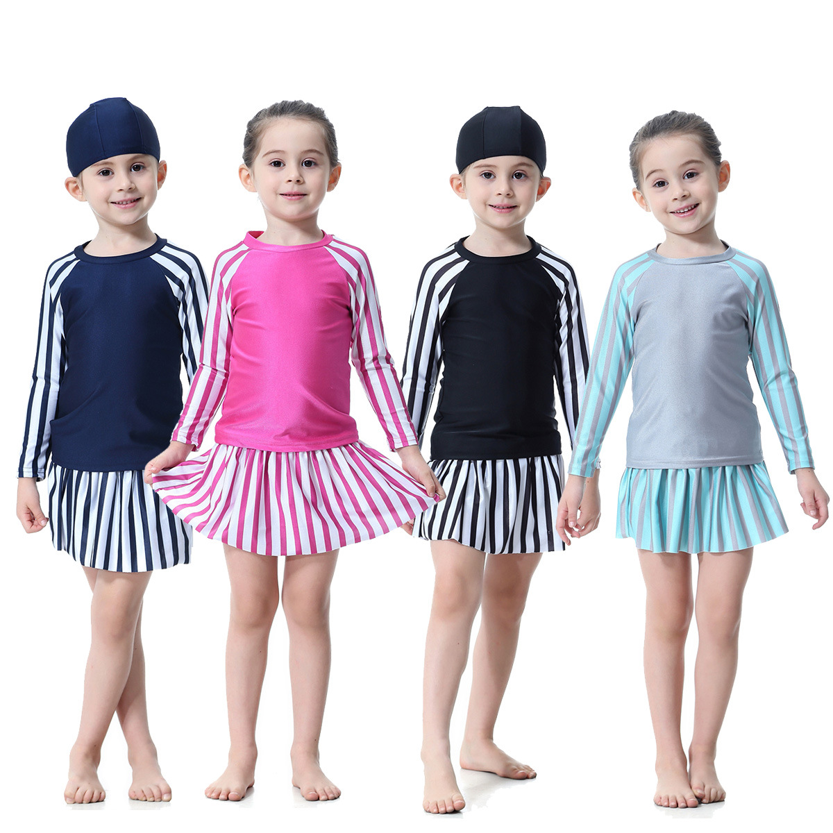 Kids Color Stitching Striped Long Sleeve And Skirts Three-Piece Islamic Muslim Swimsuit Swimwear
