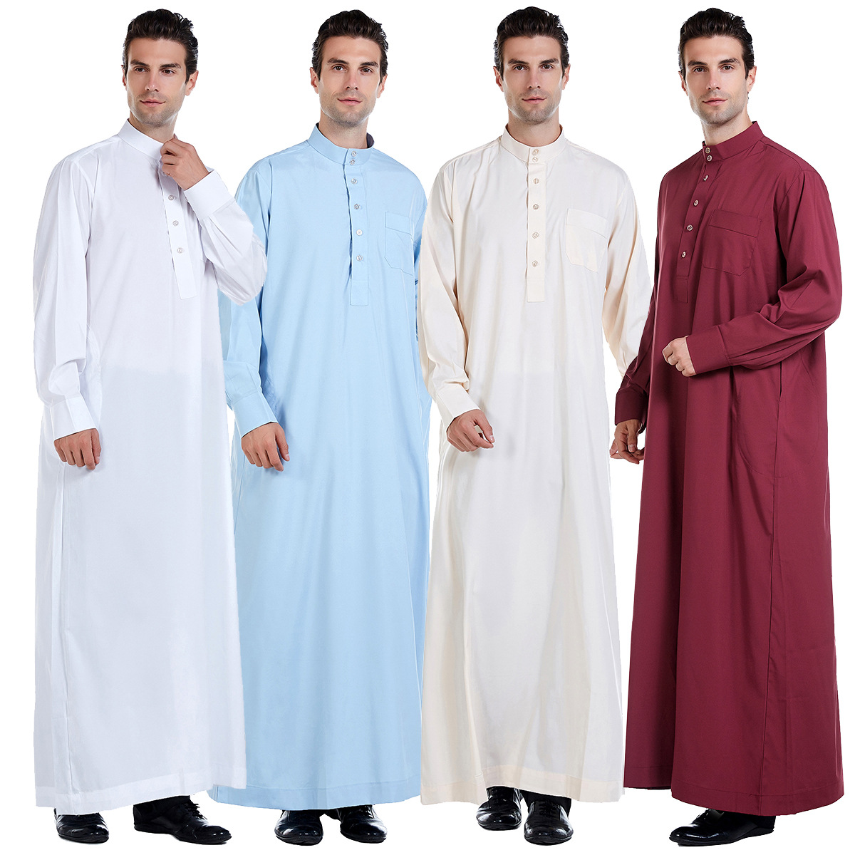 Middle East Pure Color Modest Full Length Stand Collar Man Thobe
