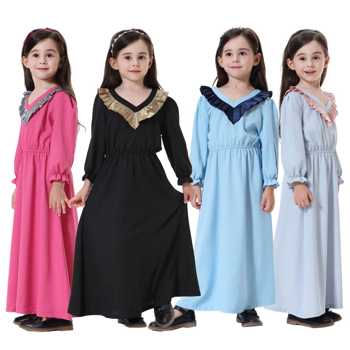 Wholesale Pakistani Elastic V-Neck Long Sleeves Muslim Islamic Kids Causal Clothing Dress Girls Abaya