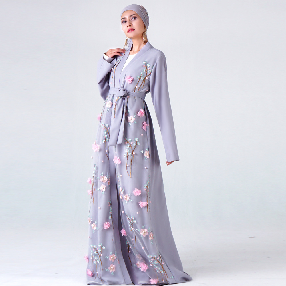 Floral Embroidery Flower Tulle Opened Open Cardigan Abaya Muslim Islamic Abaya
