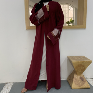 Modest Women's Mesh Fabric Stitching Beading Muslim Cardigan Open Abaya