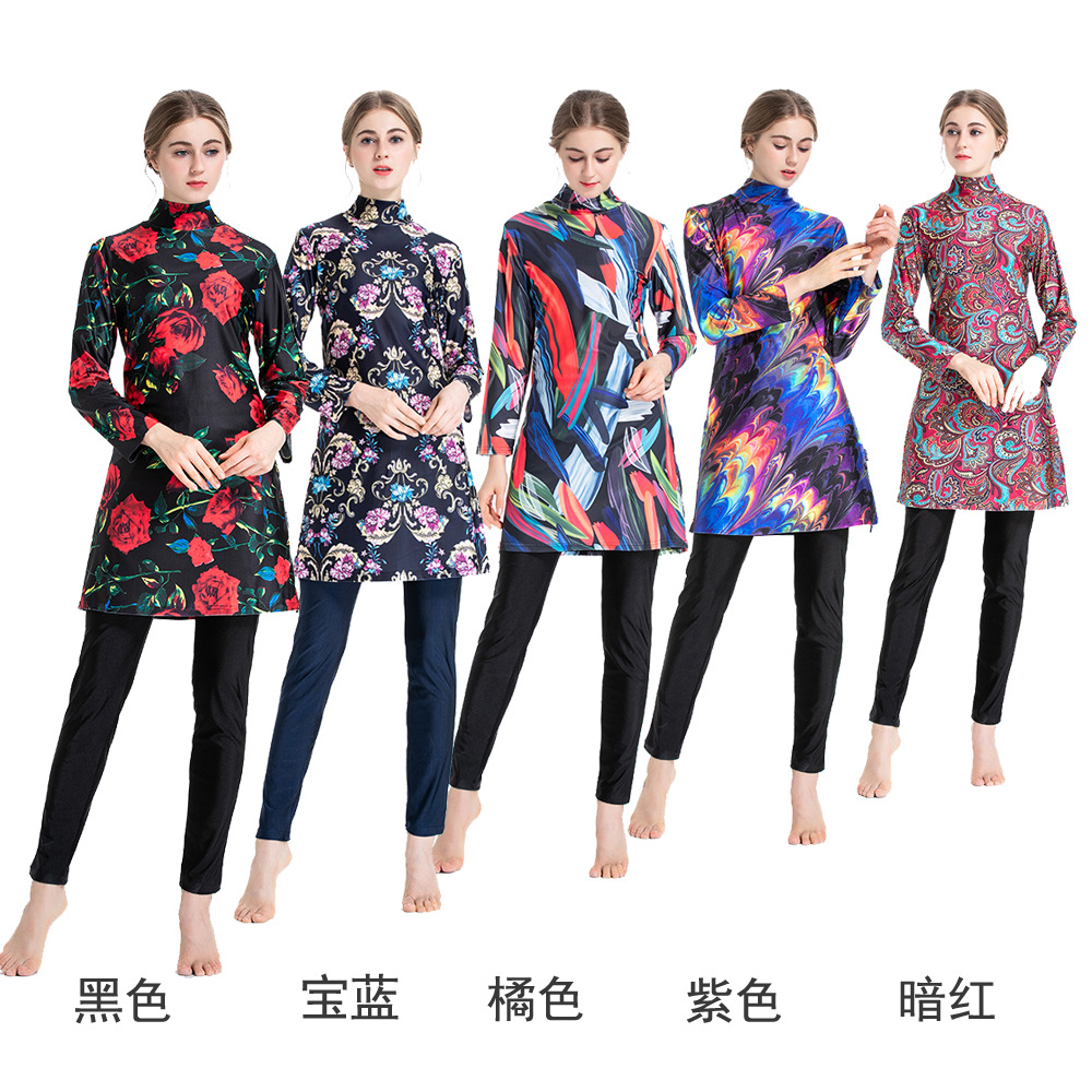 SIPO Free Shipping Muslim Suit Indonesia Women Patchwork Islamic Clothing Printed Floral Three Piece Muslim Swimwear