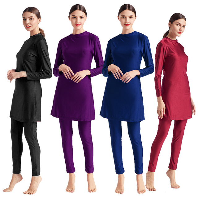 Slim Swimsuit Three-piece Conservative Large Size Pure Color Muslim Swimsuit