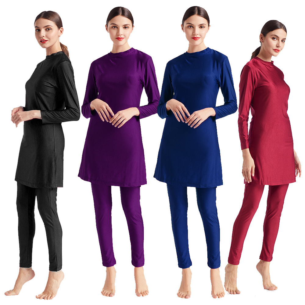 Slim Swimsuit Three-piece Conservative Large Size Pure Color Muslim Swimsuit
