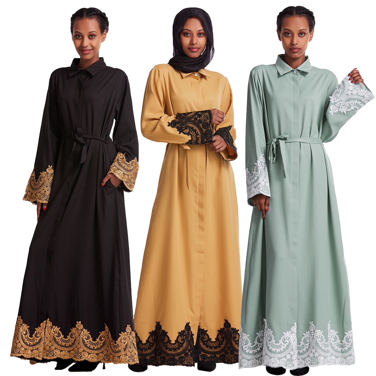 Turkish High Neck Breathable Lace Long Sleeve Muslim Islamic Women Abaya Dress Clothing