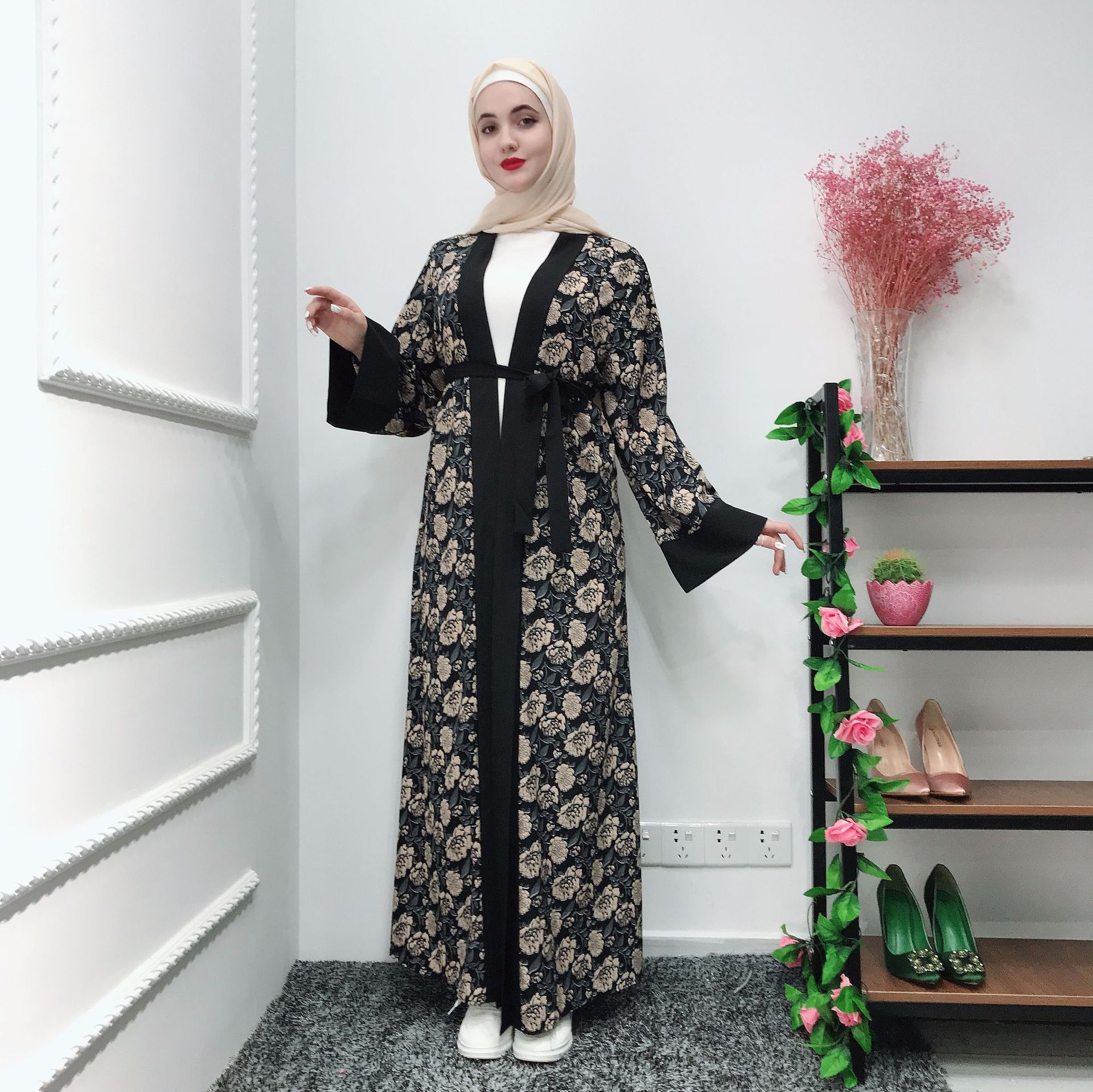 Muslim Floral Print Abaya Dubai Maxi Dresses Full Kimono Long Robes Jubah Islamic Clothing