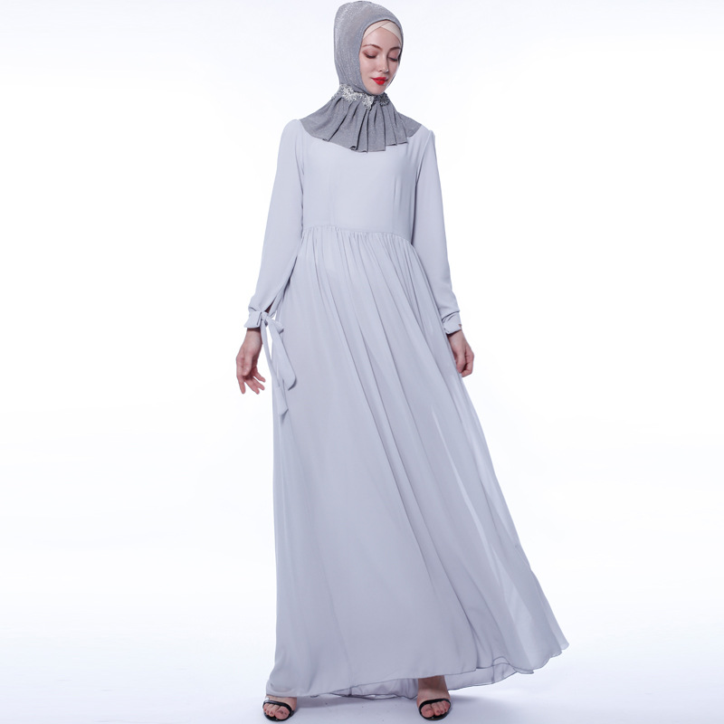 Ramadan New Modest Turkish Muslim Maxi Dress Chiffon Bow Sleeve Sleeve Abaya (7)