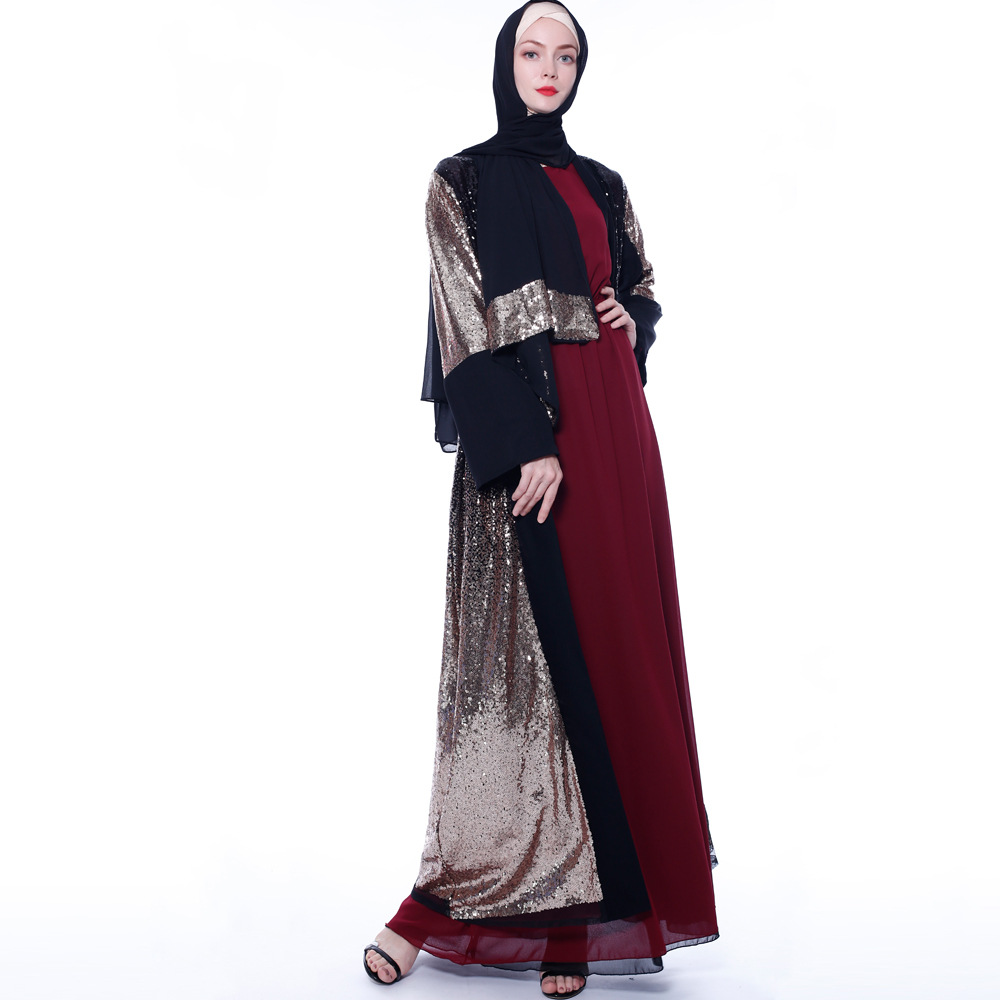 New Fashion Loose Muslim Sequined Cardigan Robe Turkish Casual Lace Kimono
