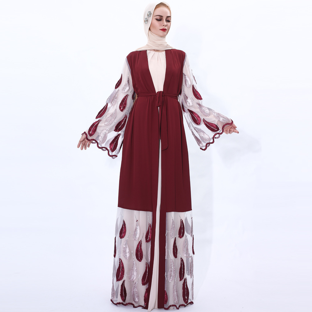 2021 Woven Embroidery Islamic Modest Lace Up Muslim Cardigan Kimono