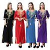 FREE SHIPPING Modest V-Neck Applique Breathable Solid Long Sleeve Muslim Islamic Women Abaya Dress Clothing With Removable Belt