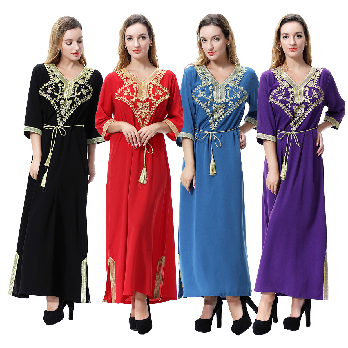 FREE SHIPPING Modest V-Neck Applique Breathable Solid Long Sleeve Muslim Islamic Women Abaya Dress Clothing With Removable Belt