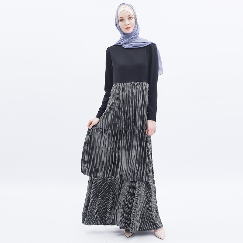 Matching Sequins Creasing High Waist Muslim Islamic Abaya Modest Dress