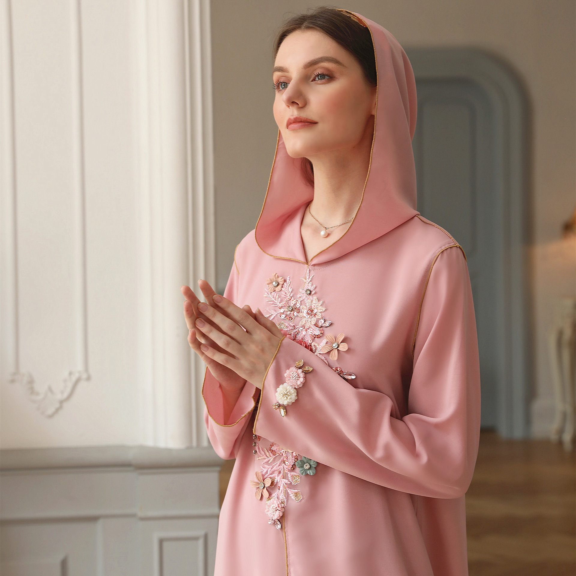 Pink Flower Arabic Loose Islamic Modest Muslim Women Maxi Dresses Casual Clothing Abaya