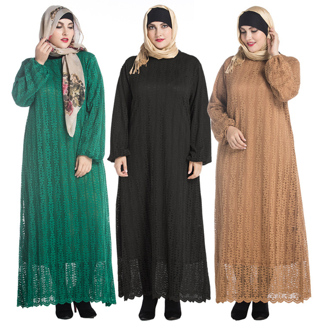 Long Sleeve Round Neck Fashion Hui Nationality Full Lining High Quality Lace Dress Foreign Trade Muslim Source of Plus Size