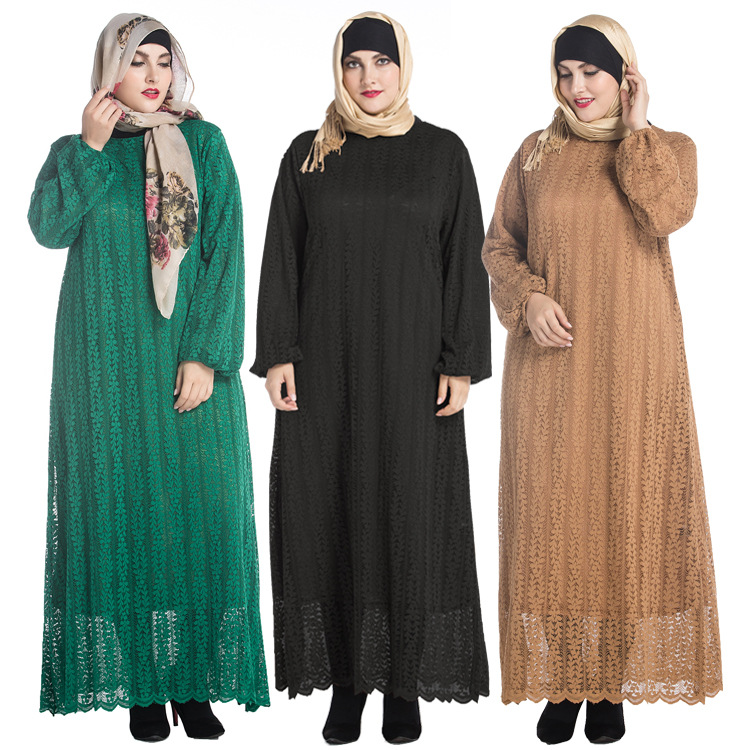 Long Sleeve Round Neck Fashion Hui Nationality Full Lining High Quality Lace Dress Foreign Trade Muslim Source of Plus Size