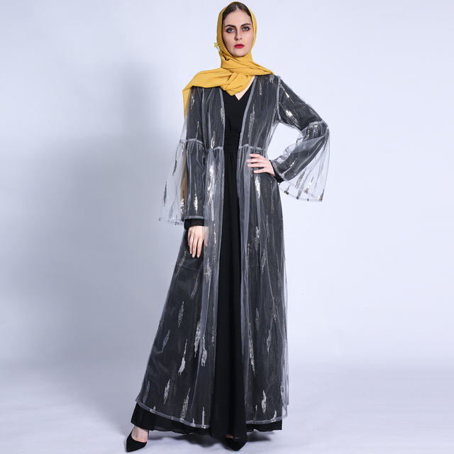INS Ramadan Fashion Flare Sleeve Lace Up Dress Sequined Mesh Outer Cardigan Female OpenAbaya