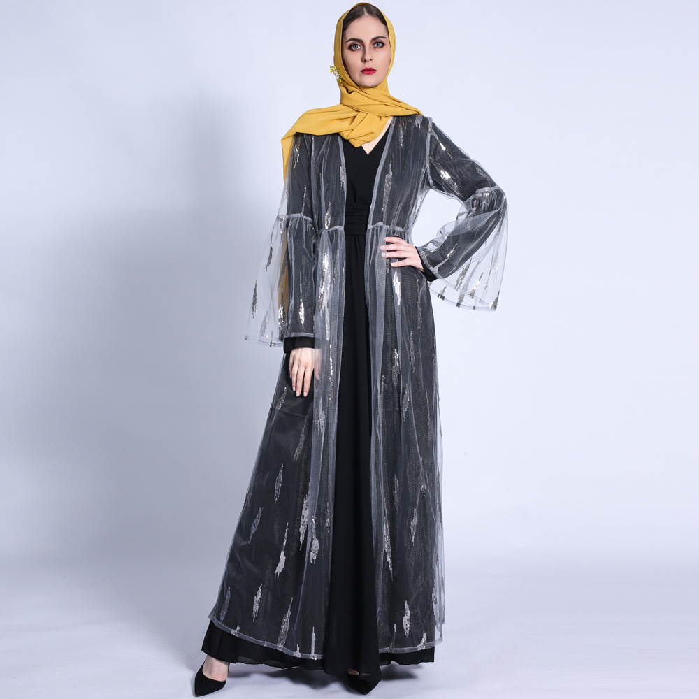 INS Ramadan Fashion Flare Sleeve Lace Up Dress Sequined Mesh Outer Cardigan Female OpenAbaya