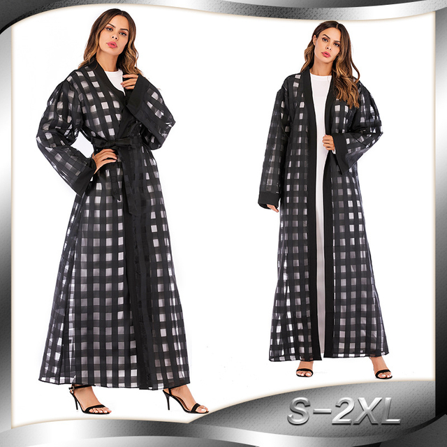 European And American Muslim Women Plaid Loose Long-sleeved Lace Robe 