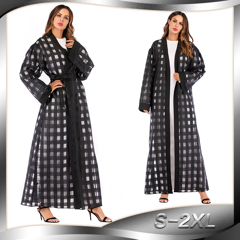 European And American Muslim Women Plaid Loose Long-sleeved Lace Robe 