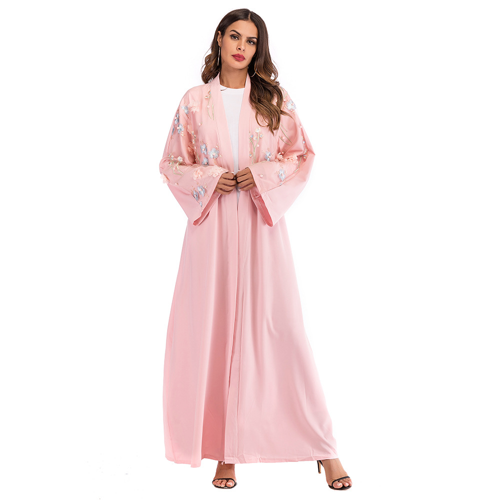 European And American Muslim Three-dimensional Flower Mesh Loose Lace Cardigan Robe without Headscarf