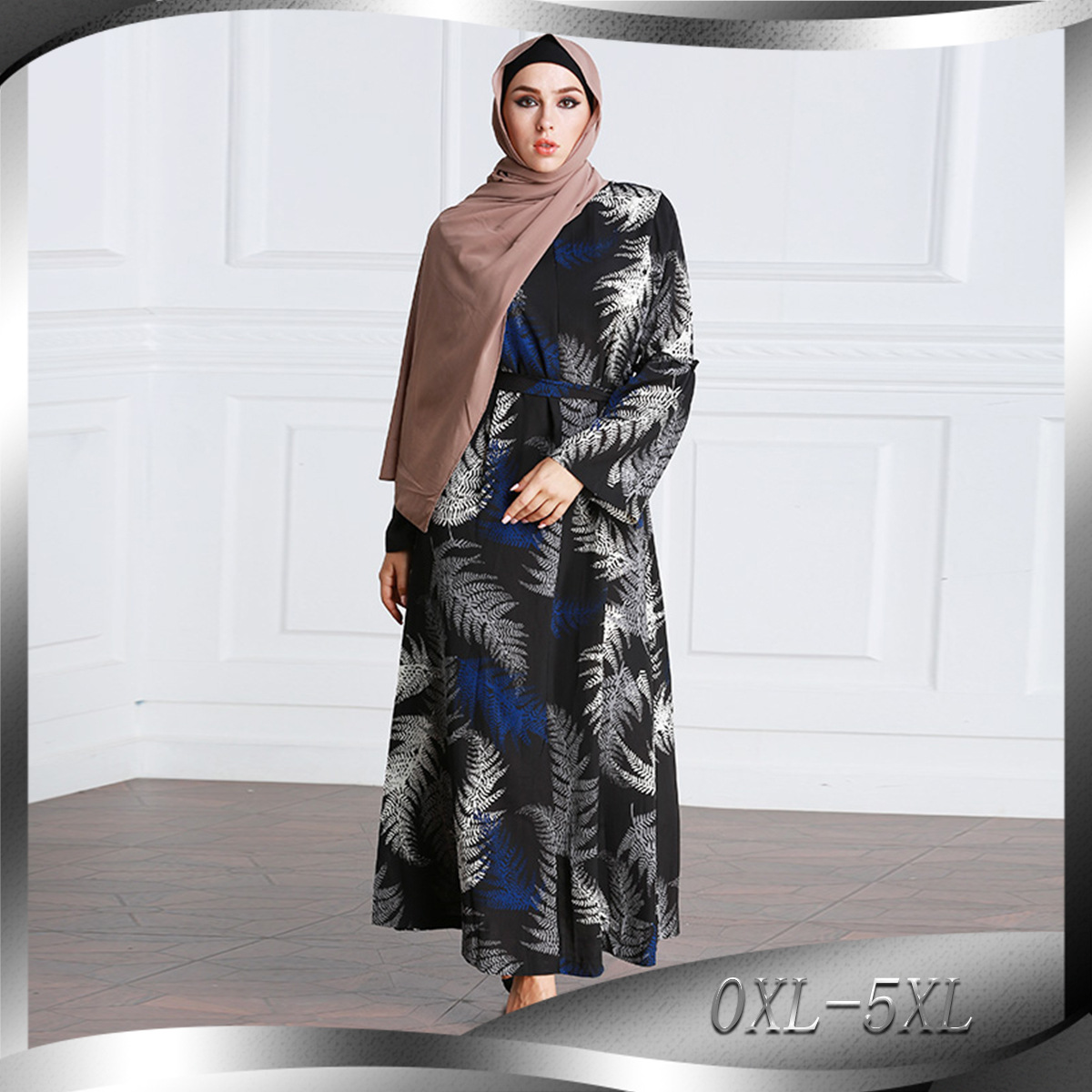 New Fashion Robe Paris Beads Ethnic Muslim Printing Long-sleeved Stitching Dress Plus Size