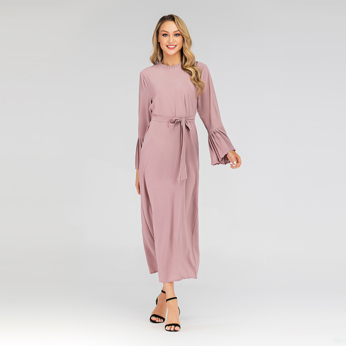 Middle Eastern Fashion Muslim Women's Plus Size Round Neck Slim Pleated Sleeve Dress