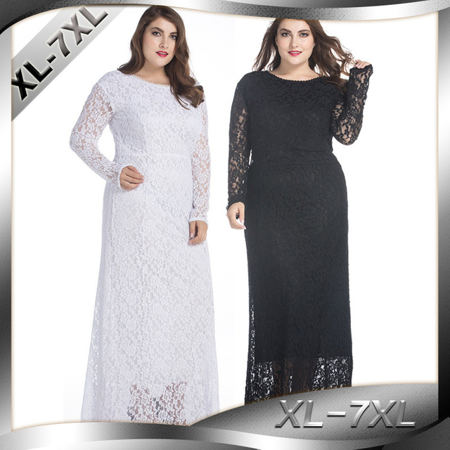 AliExpress Hot Style Dress Fat MM Temperament Foreign Trade Plue Size Long-sleeved Hollow Lace Dress