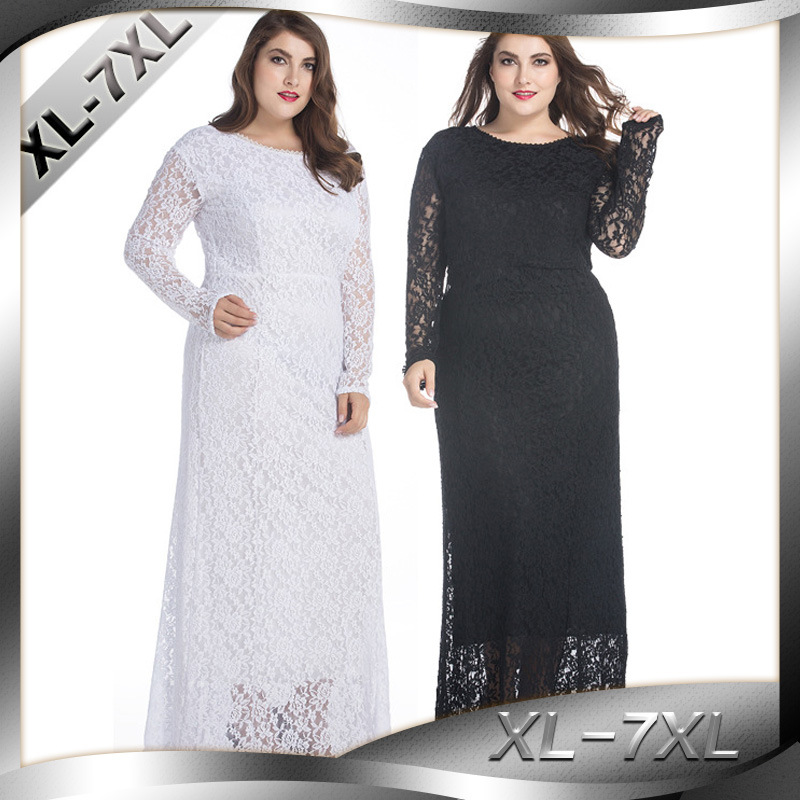 AliExpress Hot Style Dress Fat MM Temperament Foreign Trade Plue Size Long-sleeved Hollow Lace Dress