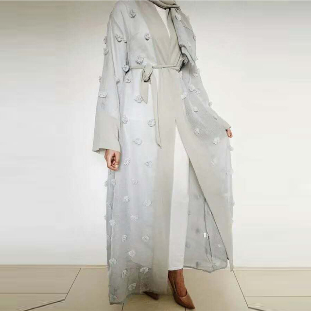 European And American Muslim Three-dimensional Flower Mesh Loose Lace Long-sleeved Cardigan Robe Women