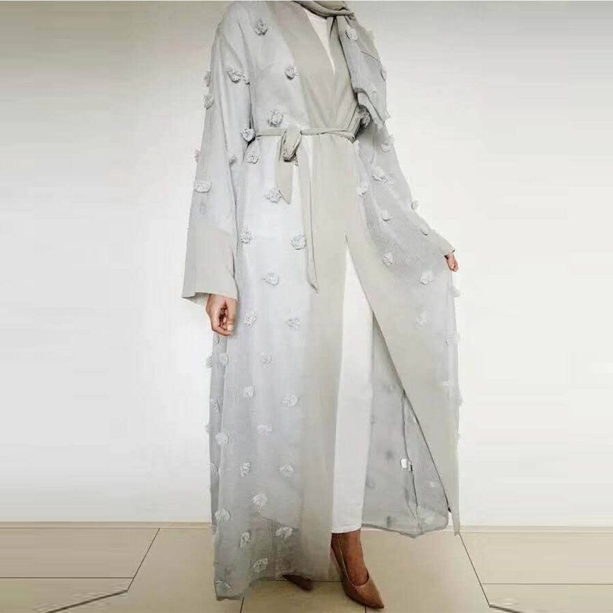 European And American Muslim Three-dimensional Flower Mesh Loose Lace Long-sleeved Cardigan Robe Women