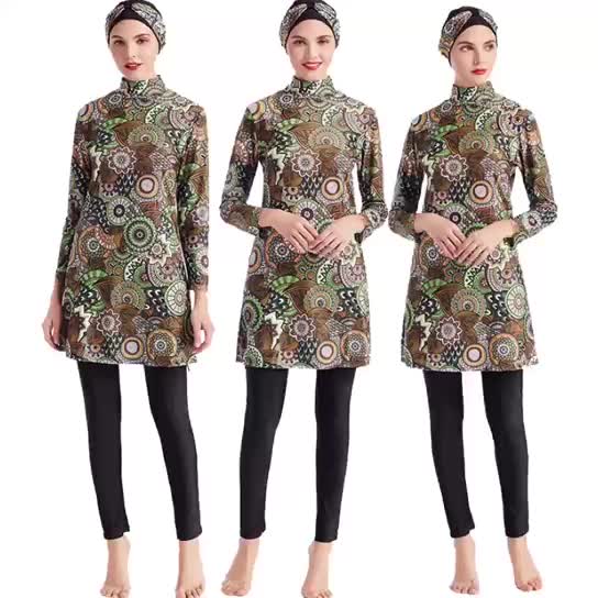 Three-piece Printed Swimsuit Conservative Swimwear Muslim Middle East Europe And America Amazon AliExpress