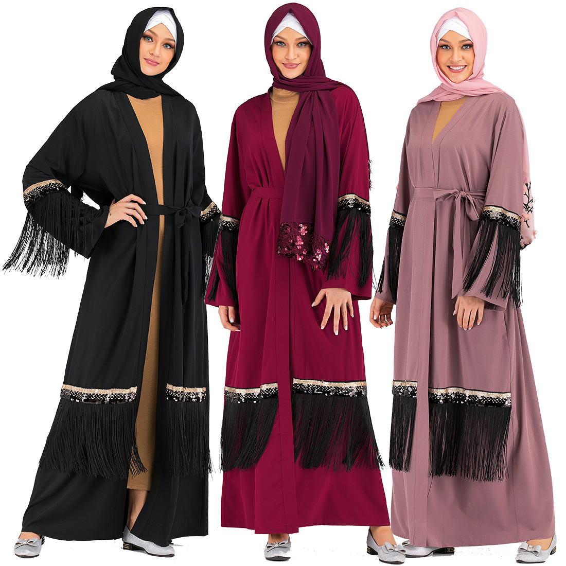 AliExpress Amazon Ebay Hot Style Middle East Turkey Fashion Sequins Tassel Abaya Cardigan Muslim