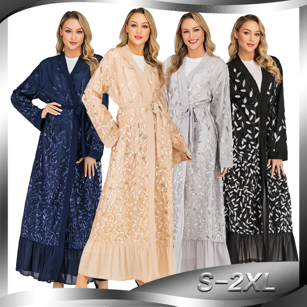 Middle Eastern Fashion New Style Women's Lace Cardigan Robe Leaf Embroidered Muslim Sequined 