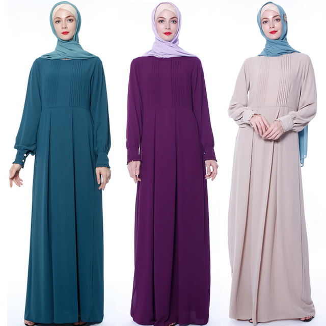 The New Round Neck Pleated Chiffon Muslim Robe Elegant Fashion Dress in Stock