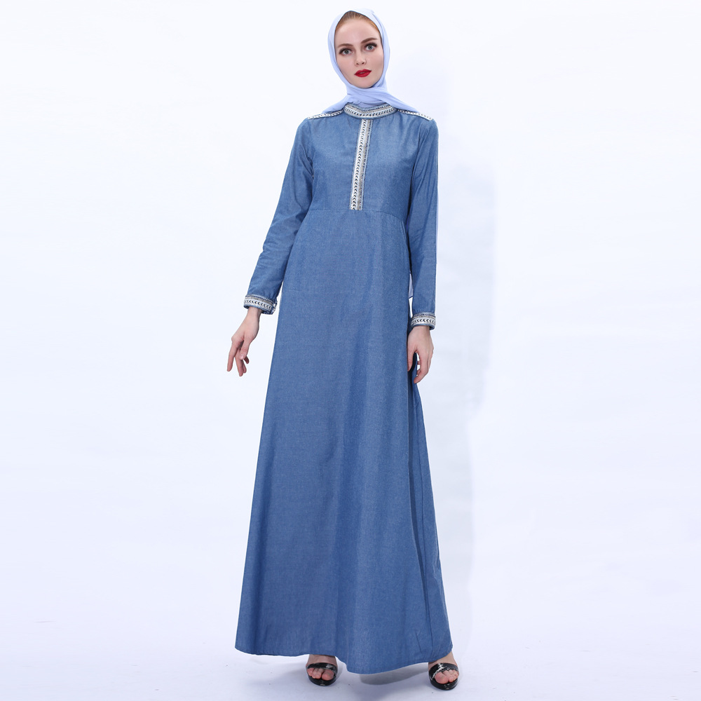 New Early Spring Professional Wear Muslim Women's Small Stand-up Collar Robe Factory Denim Long Dress Women