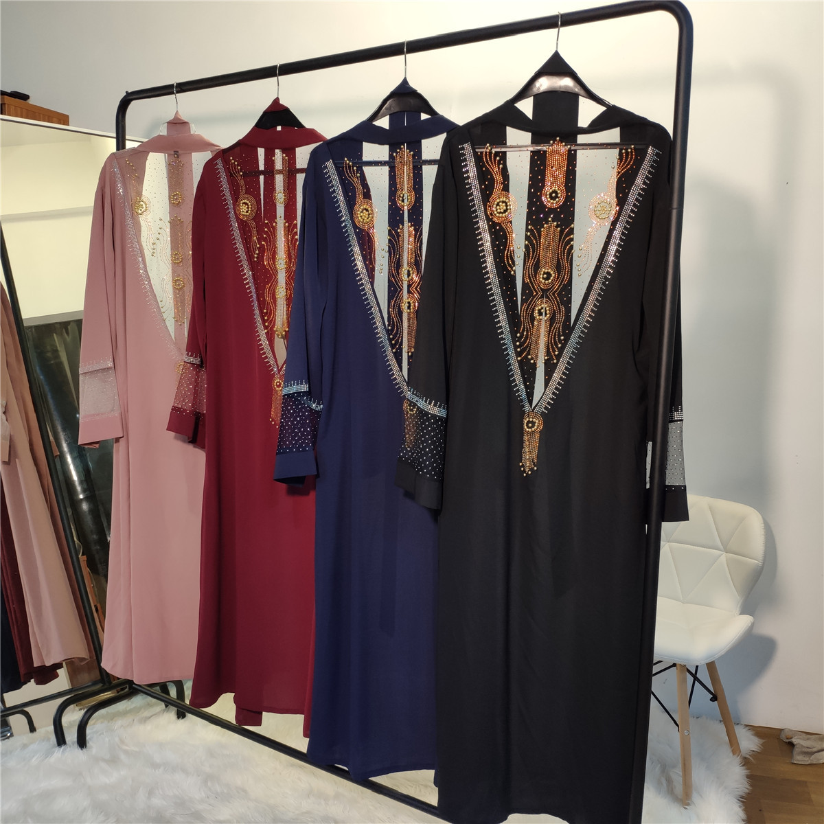 Cross-border Source of Fashion Muslim Cardigan Robe Women's Mesh Fabric Stitching Hot Drilling 