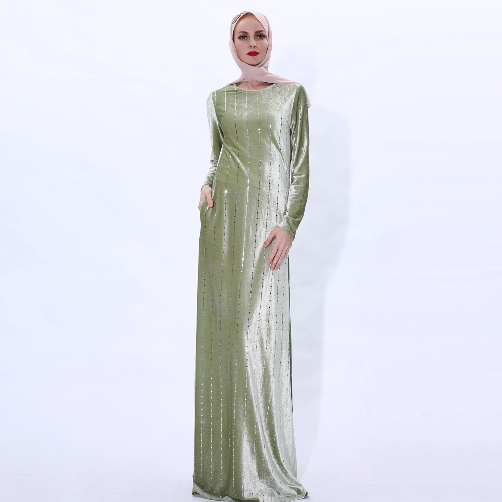 INS Autumn And Winter Vertical Striped Gold Velvet Long Skirt Muslim Women's Long-sleeved Warm Dress on Behalf of Hair