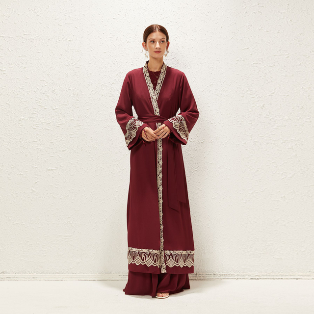 2022 Muslim Elegant Red Waist Lace Up Chiffon Solid Middle East Dubai Women's Coat