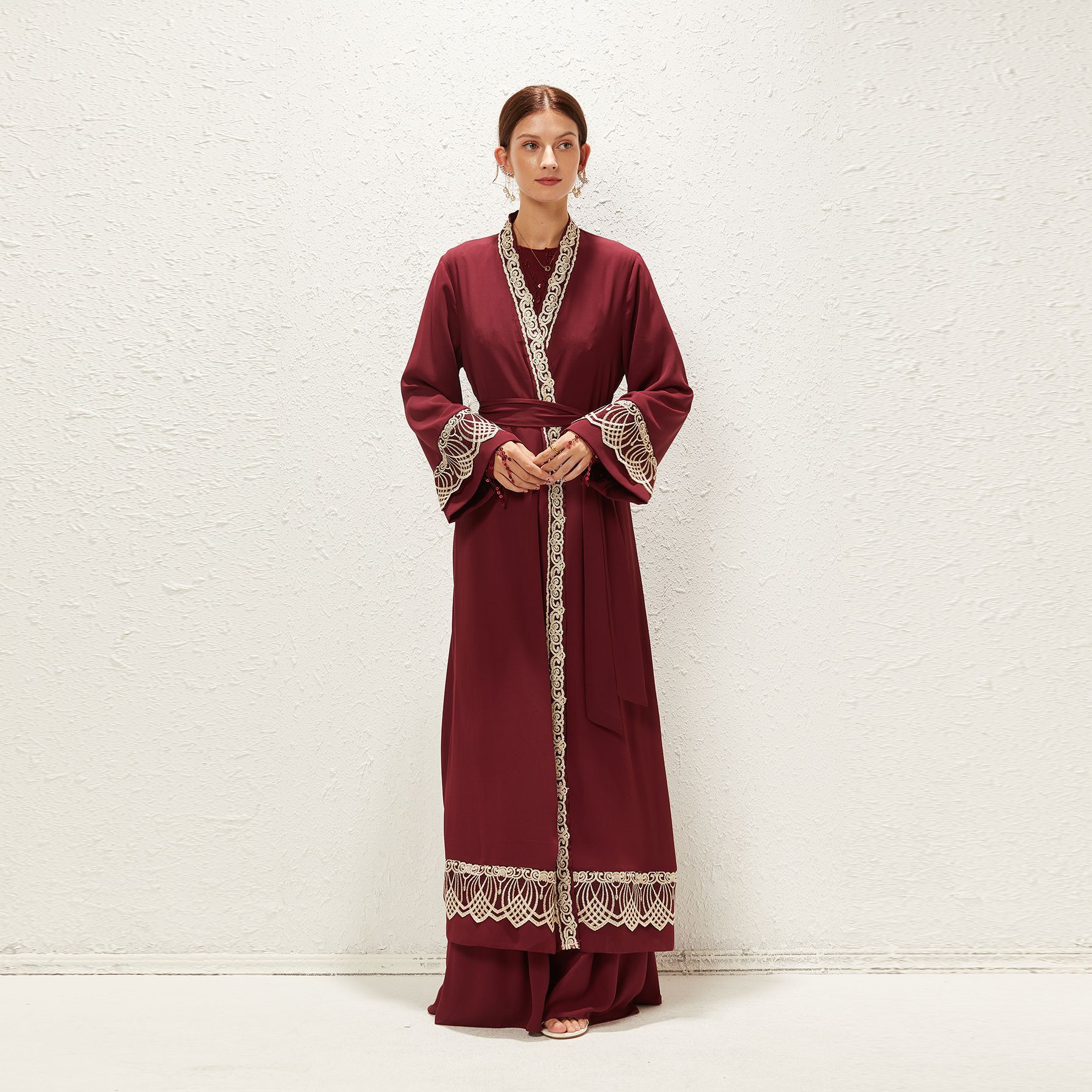 2022 Muslim Elegant Red Waist Lace Up Chiffon Solid Middle East Dubai Women's Coat