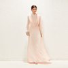 2022 Summer Elegant Double Layer Thick Chiffon Pink Stand Collar Waist Folded Muslim Dress