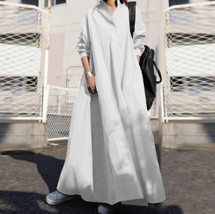 2022 Muslim Women's Autumn Solid Color Retro Ethnic Style Loose Long-sleeved Big Swing Dress