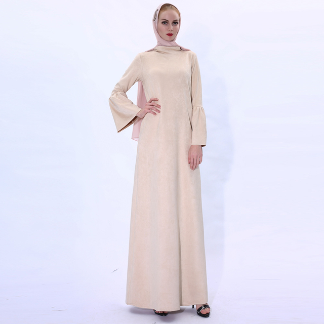 Autumn And Winter New Beige All-match Dress Muslim Women Suede Warm Flared Sleeve Long Skirt Abaya Cross-border