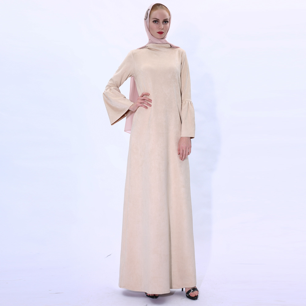 Autumn And Winter New Beige All-match Dress Muslim Women Suede Warm Flared Sleeve Long Skirt Abaya Cross-border