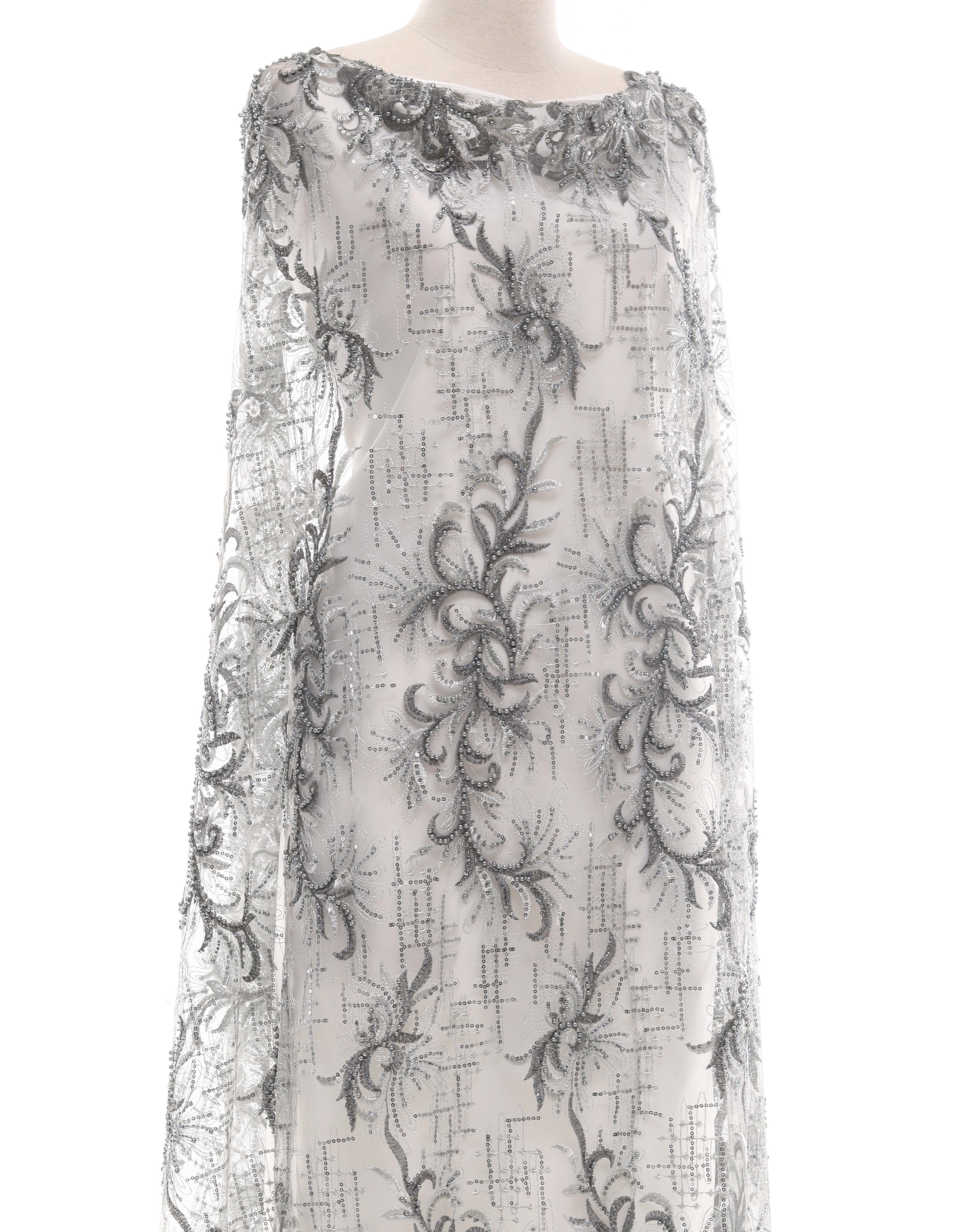 Embroidery Lace PEARL BEADED LACE IN DARK GREY