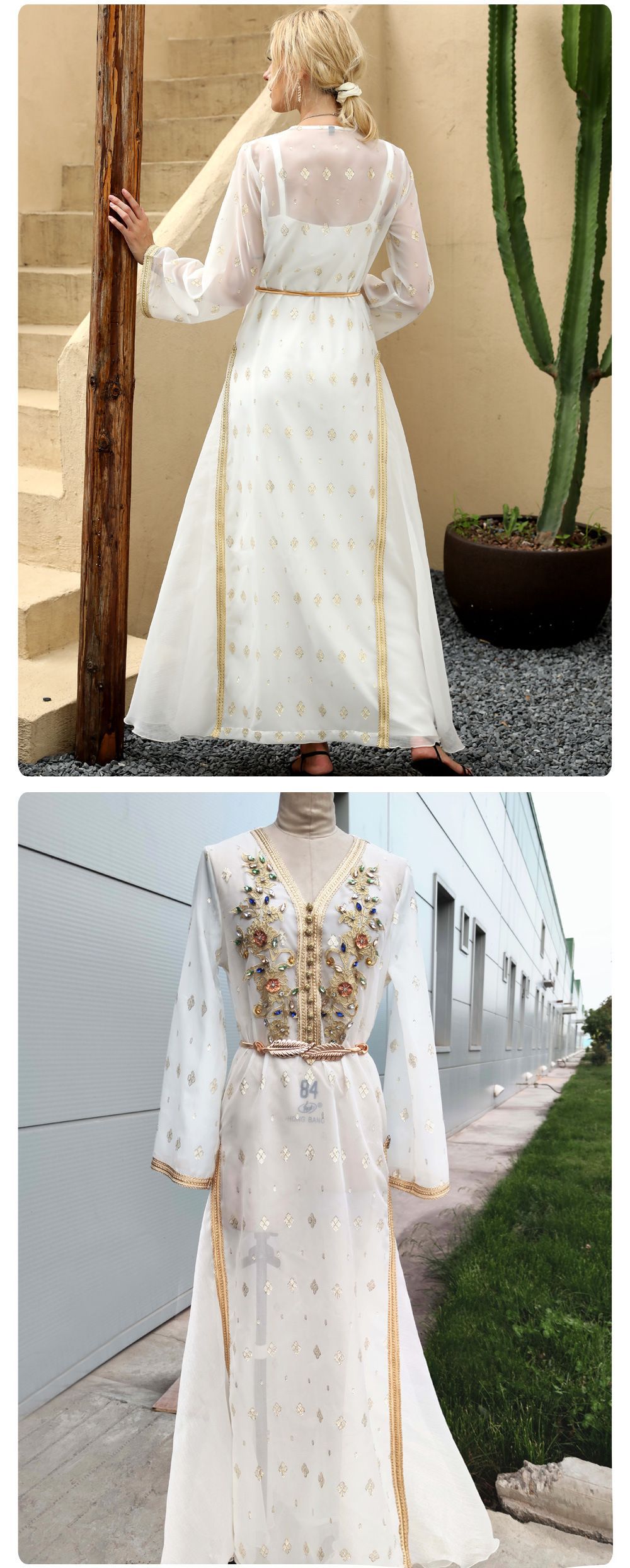 Most Fashionable Golden Texture Muslim Islamic Abaya Rhinestone Maxi Dress (14)