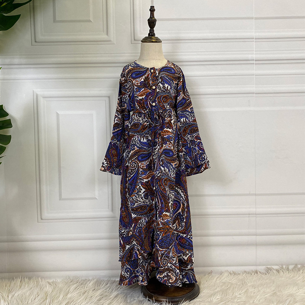 Button Ethnic Digital Printing Kid Child Modest Muslim Islamic Abaya Maxi Dress (9)