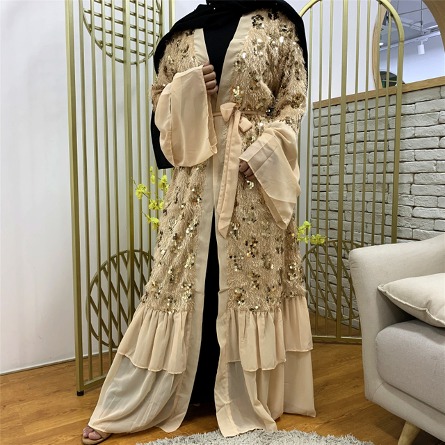 Middle East Sequins Flare Sleeve Fashion Modest Muslim Open Abaya Kimono