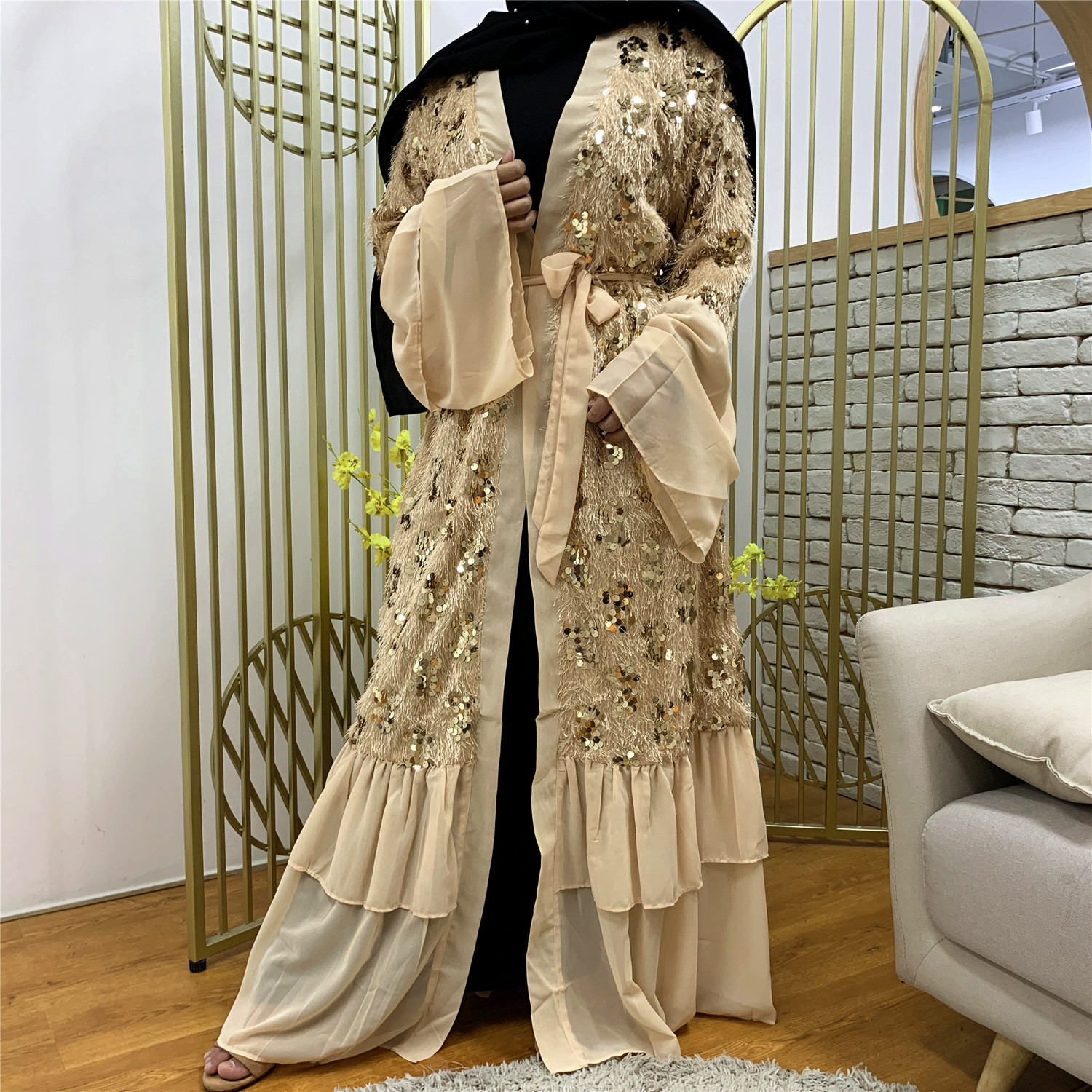 Middle East Sequins Flare Sleeve Fashion Modest Muslim Open Abaya Kimono