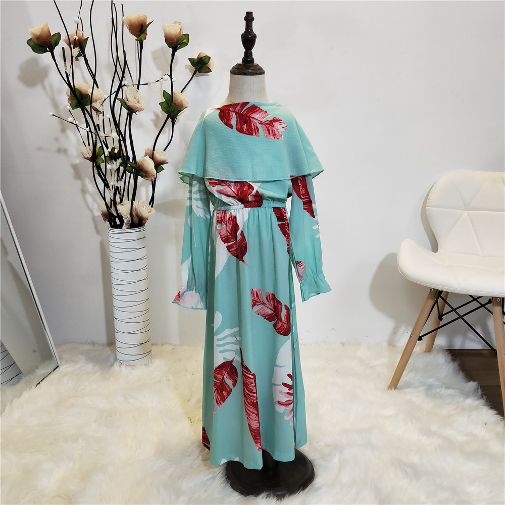 Ruffle Floral Digital Printing Kid Child Modest Abaya Muslim Islamic Maxi Dress (7)
