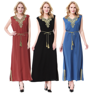 Turkish V-Neck Applique Breathable Solid Sleeveless Muslim Islamic Women Abaya Dress Clothing